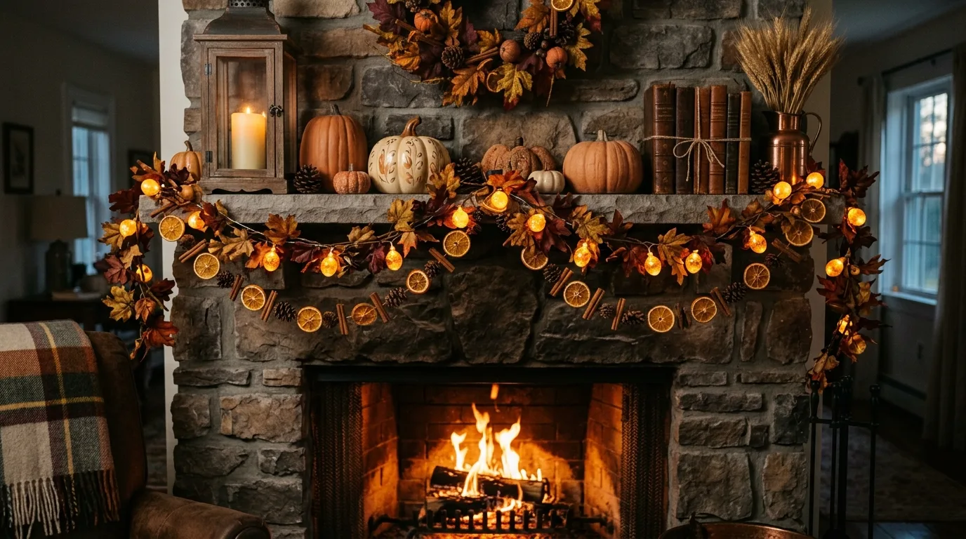 Adapt the display for a cleaner more modern room inspiration for a fall mantel display.